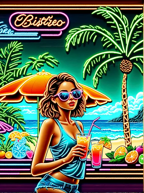 neon，shop sign，tropical scene，palm tree，bistro，fruit drinks，sea，cool little girl wearing sunglasses，发光的neonshop sign，ultra high ...