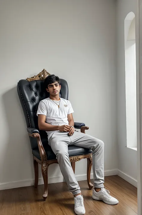 create realistic image A 18 year old boy is sitting on a king chair with white wings and behind him the color of the wall is gray on which "Sameer Ansari" is written in curve style