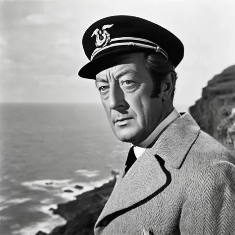 
ghost actor rex harrison with a beard captain man, looks at the sea water from a cliff