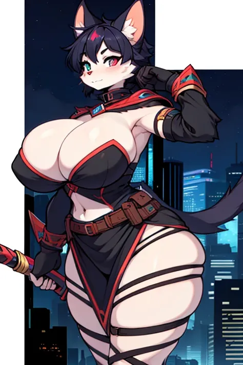 1girl, massive breasts and hips and butt, any outfit, any fur color and pattern [all colors and patterns allowed], any eye color and pupils [heterochromia allowed], any location, night, any pose, doing anything, sci fi weapon, perfect body, doing anything ...