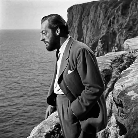 
ghost actor rex harrison with a beard captain man, looks at the sea water from a cliff