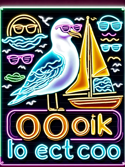 Neon，Shop sign，Dock scene，Chip Shop，sailboat，Cool seagull wearing sunglasses，Eat chips，发光的NeonShop sign，Ultra high saturation，Bright colors