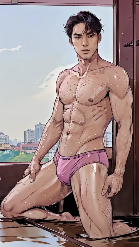 Handsome, tall, Korean man, pecs, slim legs, sexy pink mauve underwear brief bikini, gorgeous, Wolf curtain hairstyle, Wet Body, bulge, Humping back pose, Humping in a ground, Showercore, Comic Artstyle 2D