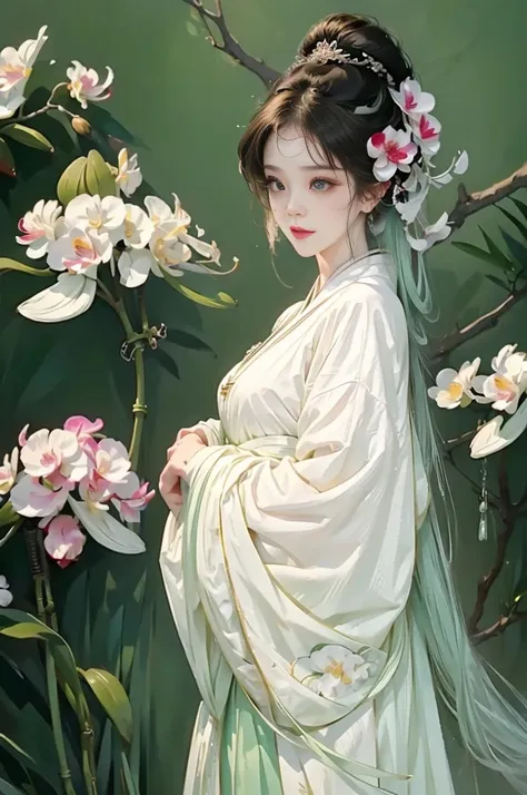 girl，Surrounded by orchids，spring，Light green traditional clothing，Clear face，Look at the lens，Chinese style，Traditional Culture，Orchid Personification，Anthropomorphic style，Blend in with the background