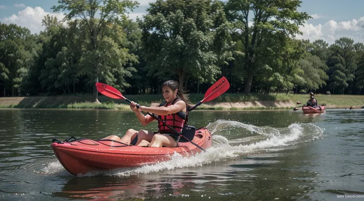 create an image of a motorized kayak with a very exaggerated engine and a barefoot farmer piloting the kayak in naruto style