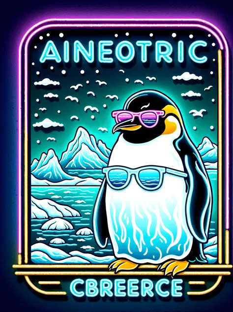 Neon，Shop sign，Antarctic Scene，iceberg，Sea，Cool emperor penguin wearing sunglasses，发光的NeonShop sign，Ultra high saturation，Bright colors