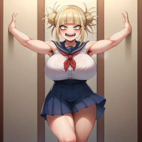 score_9, score_8_wonderful, anime, odor, Huge breasts, Armpit hair, Hairy, Cute eyes, Huge breasts, Cartoon-like pictures Highly detailed, masterpiece, wallpaper 8k CG, ,toga_himiko, boku no hero academia, blonde hair, double bun, yellow eyes, pleated doub...