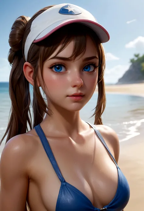 twintails, perfect eyes:1.2, wet, skindentation, wet skin, sweat, glossy skin, detailed eyes:1.4, ro1, beach, long hair:1.2, hair bun, visor cap, naked, blue eyes, cowboy shot, 1girl, solo, (masterpiece:1.6, best quality), 8k, insane details, intricate det...