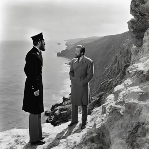 
translucent ghost actor rex harrison with a beard captain man, looks at the water sea from a cliff