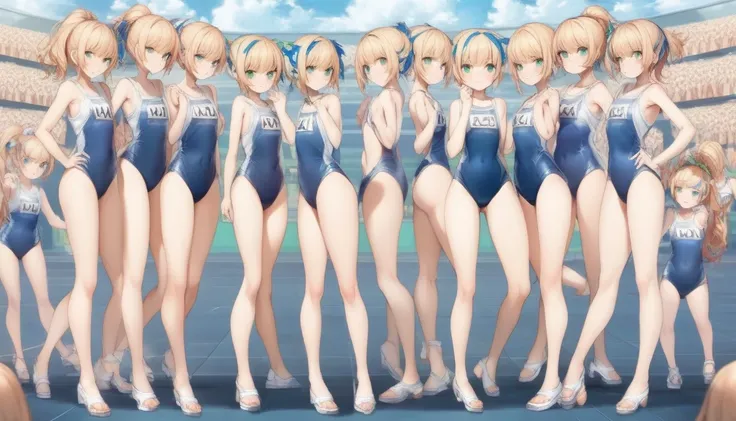 Short stature,flat chest, clone girls, blond hair, green eyes,roll(mega man classic),swimsuit roll(mega man x dive old design),high ponytail hair,Sleeveless navy one piece old type school swimsuit with white stripes from armpit to flank,white name tag, nav...