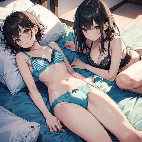 Browsing Caution ４ｋquality, 最高quality, superior_Mikoto, Brown eyes, short_hair, Ultra-small_chest,）In a hotel bed　Blue Lingerie　１６Year　Sexy pose　Fascinating　For severe sweating, rip out your white bra、Light blue good、Blue Bra、Green bra、Greybra、Light Grey B...