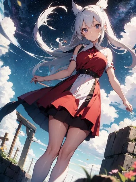 Miko dress,large breast , white hair, Long hair,full body, miko scepter