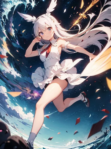 Miko dress,large breast , white hair, Long hair,full body, miko scepter