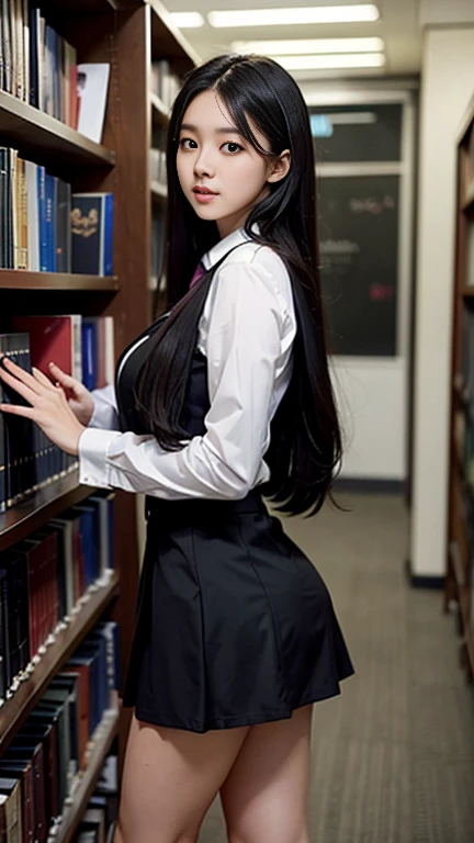 Thai student girl,Beautiful girl, dark black hair, huge breasts, wearing a suit student uniform, wearing a tight short skirt, sexy post, in the library.