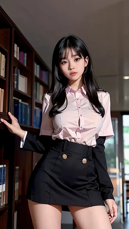 Thai student girl,Beautiful girl, dark black hair, huge breasts, wearing a suit student uniform, wearing a tight short skirt, sexy post, in the library.