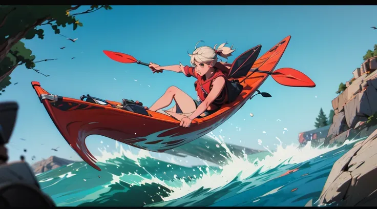 create an image of a motorized kayak with a very exaggerated engine and a barefoot farmer piloting the kayak in cartoon style