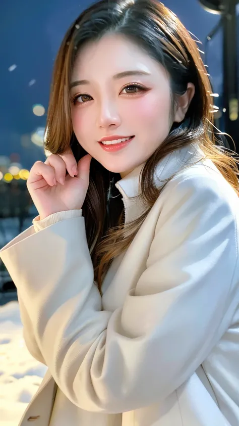 (Highest quality、masterpiece、8k、Best image quality、Hyperrealism、Award-winning works)、1 Girl、(The perfect heavyweight melton coat:1.2)、Soft indirect lighting、Soft and delicate light、Romantic lighting、Spectacular Cinema Lighting、Romantic snowy night city、Rom...