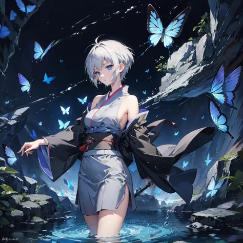 ((High resolution　Gray Hair　short hair　Black kimono　Black Band　military commander　Lonely　despair　blue eyes))　((Blue Butterfly　night　Japanese style　shoulder　old　Shining Aura　garden　water surface))　(dance　Blade of Darkness　Holding a sword　Slashing)　moon　star...