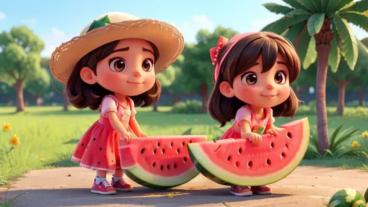 A cute girl eating watermelon，high quality，Summer freshness，Fresh style，Correct anatomy