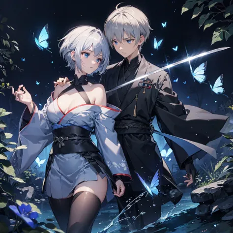 ((High resolution　Gray Hair　short hair　Black kimono　Black Band　military commander　Lonely　despair　blue eyes))　((Blue Butterfly　night　Japanese style　shoulder　old　Shining Aura　garden　water surface))　(dance　Blade of Darkness　Holding a sword　Slashing)　moon　star...