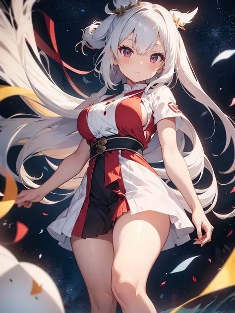 Miko dress,large breast , white hair, Long hair,full body