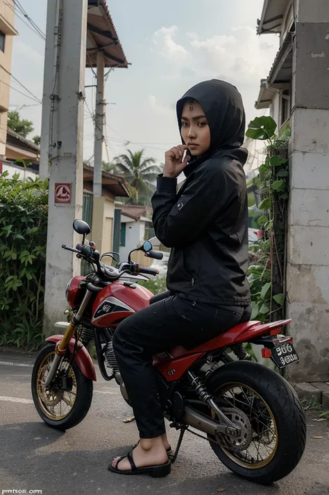 Buatkan katikatur seorang pria umur 30 tahun berambut pendek berjaket dengan celana panjang dan seorang perempuan umur 27 tahun berpakaian muslim sedang berboncangan naik motor dijalan raya. Foto asli, ralistis