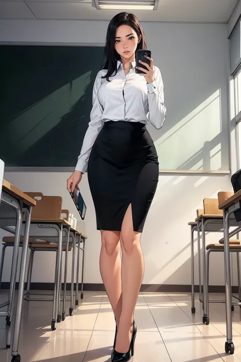 1 female, teacher, straight black very long hair, thick eyebrows, large breast, wearing long sleeve white shirt and black pencil...