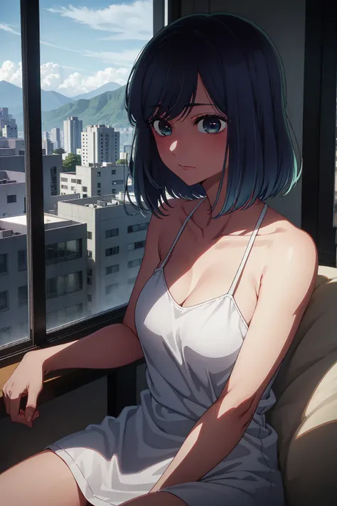 akane kurokawa,naked,rock,Blue Hair,naked,hot,sexy,beautiful,Perfect body,One Girl,big ,masterpiece,Perfect Face,Expressive Face,naked,night、Lying on a bed by the window in a high-rise building,Atmospheric lighting