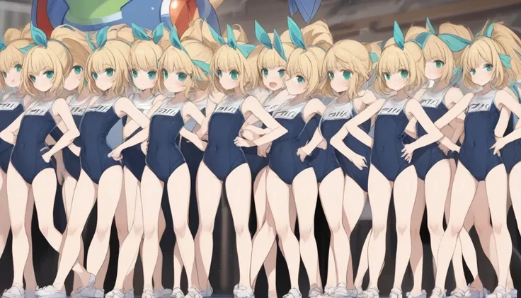 Short stature,flat chest, clone girls, blond hair, green eyes,roll(mega man classic),swimsuit roll(mega man x dive old design),high ponytail hair,Sleeveless navy one piece old type school swimsuit with white stripes from armpit to flank,white name tag, nav...