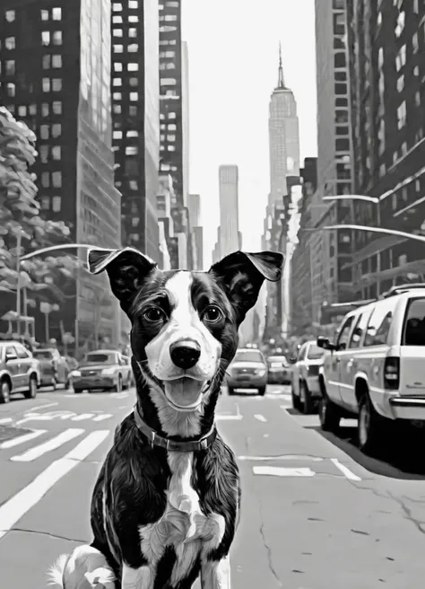 black and white, line art, coloring drawing of dog in new york 