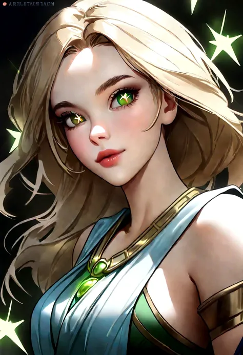 (((absurderes))), (((Best quality))), Portrait, Digital art, (trending on artstationh), ((1girll)), ((green shine eyes)), Star-shaped eyes, Beautiful, (Long beige blonde hair), (((greek clothes))):0.9.