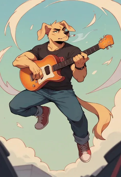 Cartoons of guitar players、Anthropomorphic Golden Retriever cat（Holding a cigarette）