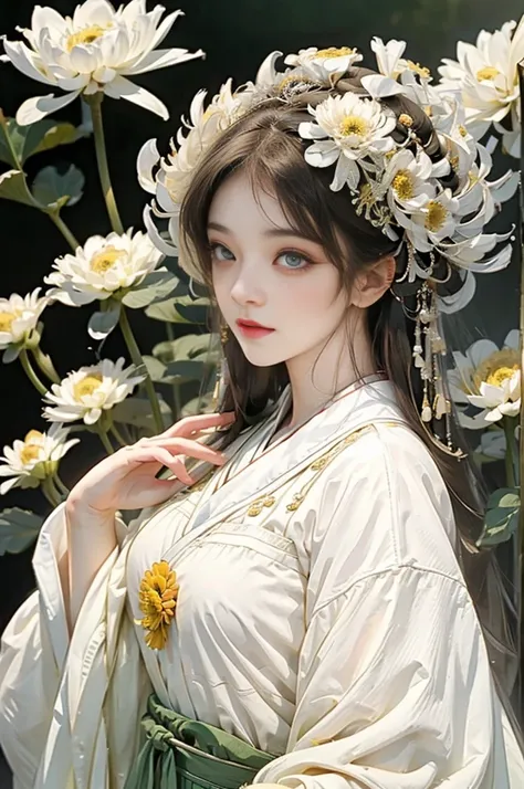 girl，Surrounded by chrysanthemums，summer，Traditional clothing，Clear face，Front view，Look at the lens，Chinese style，Traditional Culture，Chrysanthemum Personification，Anthropomorphic style，Blend in with the background