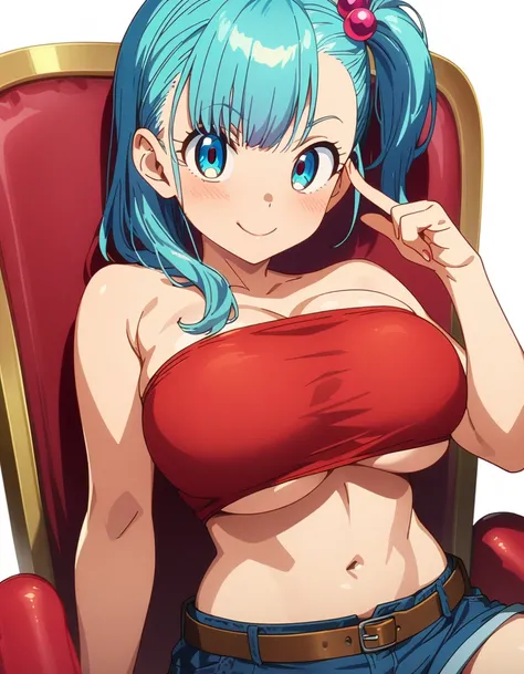 score_9, score_8_up, score_7_up, BREAK ,,,,(girl sit on chair,on your back),(selfie),1girl,bulma, blue eyes, blue hair,bare shoulders, belt, cleavage, hair bobbles, hair ornament, hair over shoulder,large breast,midriff, navel, one side up, red tube top, s...