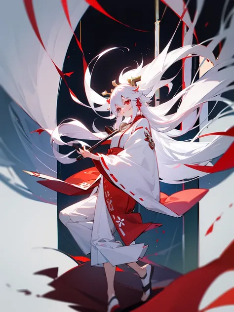 Miko dressed ,goat horn, white hair, Long hair,full body