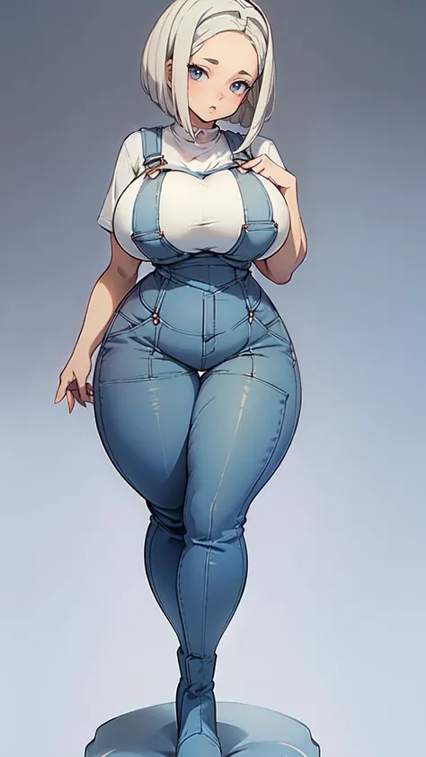 ((blank background)), masterpiece, best quality, silver hair, (curvy:1.8), (massive breast:1.5), ((full body framing)), (long legs:1.6), symmetry, farmer woman, (blue overalls), long boots, belt below navel, lumberjack shirt, (bobcut)