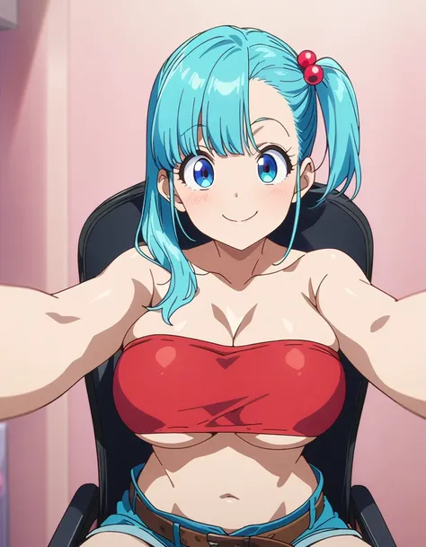 score_9, score_8_up, score_7_up, BREAK ,,,,(girl sit on chair,on your back),(selfie),1girl,bulma, blue eyes, blue hair,bare shoulders, belt, cleavage, hair bobbles, hair ornament, hair over shoulder,large breast,midriff, navel, one side up, red tube top, s...