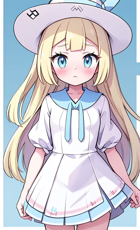 masterpiece,best quality,1 girl,solo,blush with embarrassment,lillie,pokémon,white pleated dresses,white clothes with light blue...