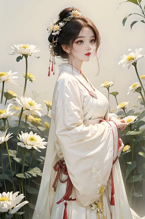 girl，Surrounded by chrysanthemums，summer，Traditional clothing，Clear face，Front view，Look at the lens，Chinese style，Traditional Culture，Chrysanthemum Personification，Anthropomorphic style，Blend in with the background