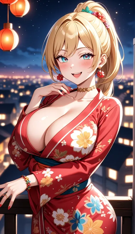 One personの女性)), Beautiful Face,Laughing embarrassedly,((Wink:2.0)),Laugh with your mouth wide open,((Bright red cheeks:1.4)),Glossy pink lips,night,rooftop,Festive decorations,You can see the ocean, firework,Glossy pink lips,Lighting on the face,((Anime s...