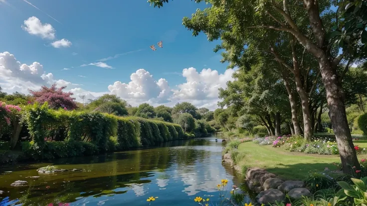 The camera pans slowly to reveal the Garden of Eden in all its glory. The rising sun bathes the environment in golden light, creating shimmering reflections on the leaves of the trees and the crystal-clear waters of a river winding through the garden. The ...