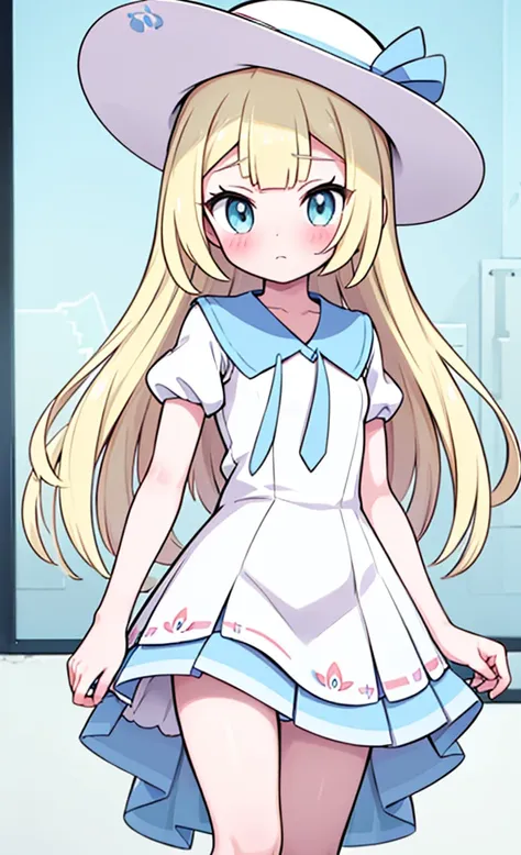 masterpiece,best quality,1 girl,solo,blush with embarrassment,lillie,pokémon,white pleated dresses,white clothes with light blue...