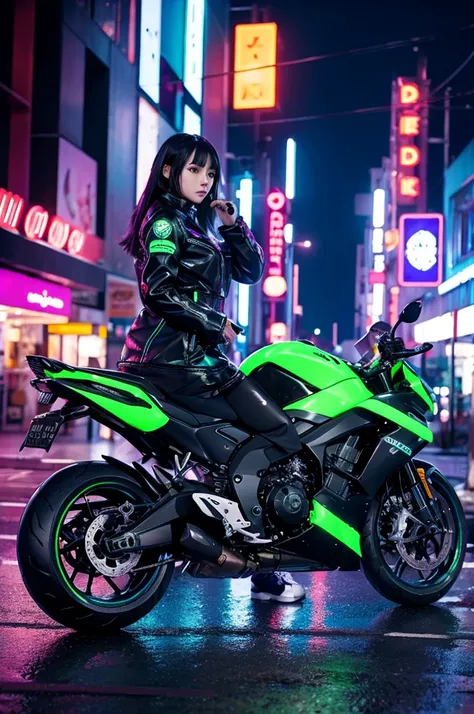 night　　Neon Town　cyber-　Girl　motorcycle　rain