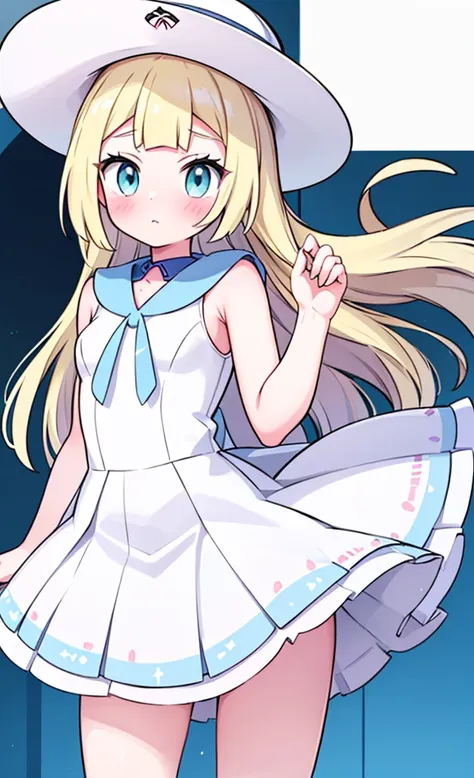 masterpiece,best quality,1 girl,solo,blush with embarrassment,lillie,pokémon,white pleated dresses,white clothes with light blue...