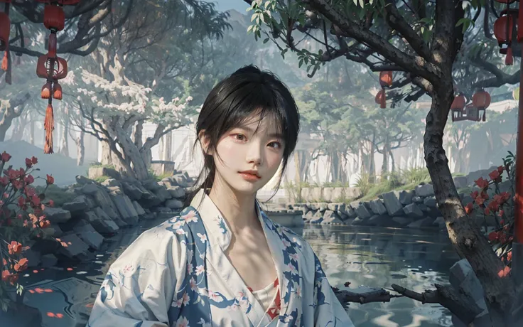 a man in a kimono robe standing in front of a of a river, inspired by Yanjun Cheng, yanjun chengt, inspired by Bian Shoumin, artwork in the style of guweiz, inspired by Yeong-Hao Han, inspired by Zhang Han, by Yanjun Cheng, by Yang J, cai xukun, guweiz,hug...