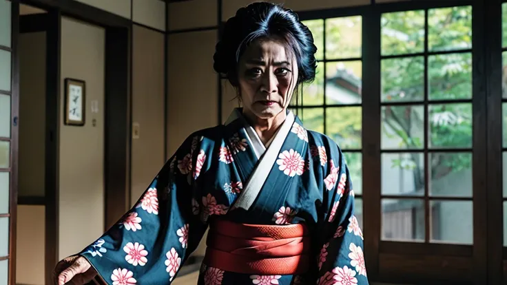 Create a highly realistic horror movie scene featuring an 80-year-old Japanese woman. The subject should appear as a believable, real person. She is dressed in a traditional Japanese kimono, and her entire body is visible from head to toe. The woman is pos...