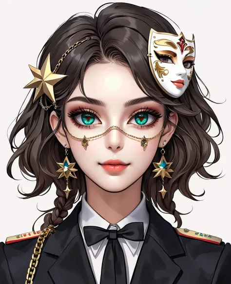 elegant girl in anime style, highly detailed portrait of a woman holding a mask, symmetrical composition, large colorful eyes, beautiful facial features, delicate makeup, sweet smile, stars on cheeks, deep gaze, poofy hairstyle with hair clips, black suit ...