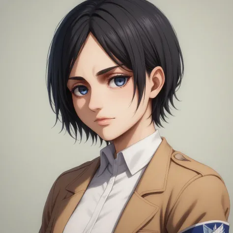 score_9, score_8_up, score_7_up, shingeki_no_kyojin_s4_style, white shirt, cream jacket, blue armband with white edges and white star in the middle, solo, short hair, portrait, black hair, 1 girl