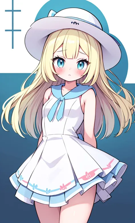 masterpiece,best quality,1 girl,solo,blush with embarrassment,lillie,pokémon,white pleated dresses,white clothes with light blue...