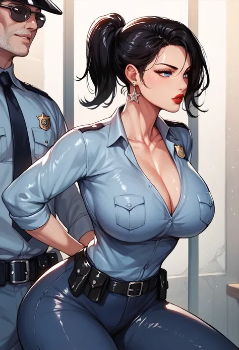 nari interrogation with old man murder criminal in prison, blue eyes, black hair, short hair, big breasts,big silver cluster. ea...